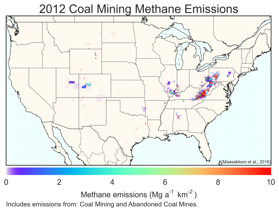 Map of the U.S. displaying all methane emissions included in the National Greenhouse Gas Inventory for coal mining for the year 2012.
