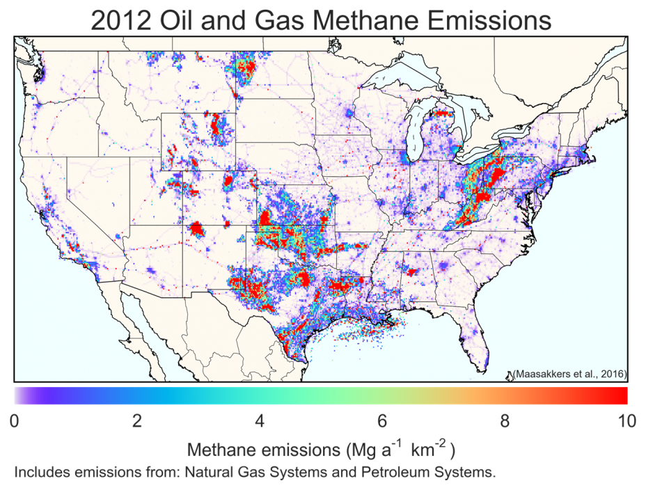 Map of the U.S. displaying all methane emissions included in the National Greenhouse Gas Inventory for oil and gas for the year 2012.