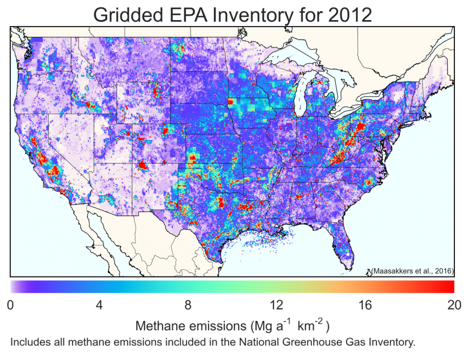 Map of the U.S. displaying all methane emissions included in the National Greenhouse Gas Inventory for the year 2012.