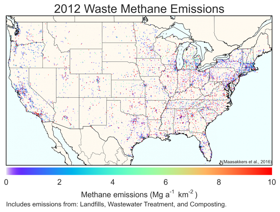 Map of the U.S. displaying all methane emissions included in the National Greenhouse Gas Inventory for waste for the year 2012.