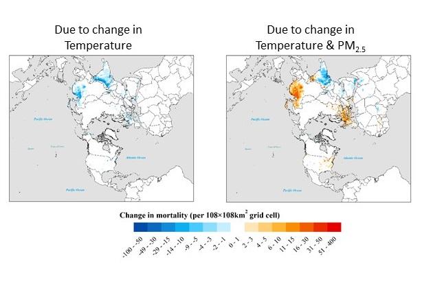 Maps showing mortality changes resulting from aerosol radiative effects on Temperature (left) and combined Temperature and PM2.5 (right)