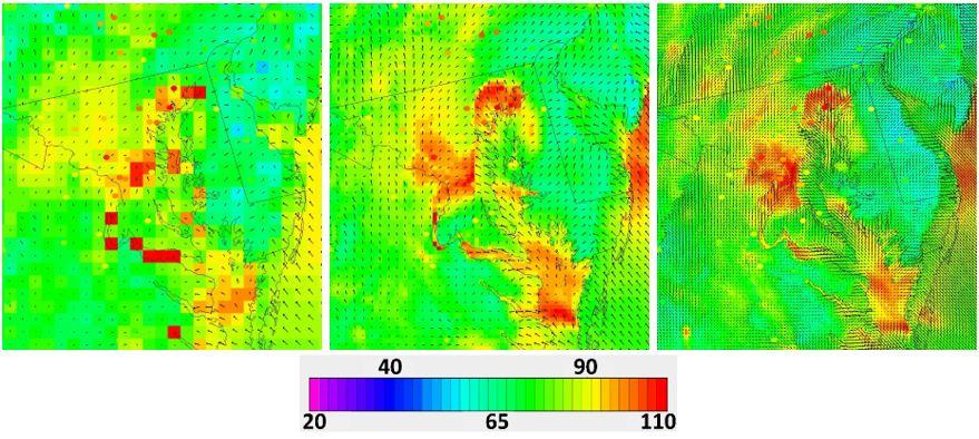 Ozone mixing ratio (shading; 20-110 ppb) and 10-m wind vectors for 2 July 2011 at 5PM local time using 12-km (left), 4-km (center) and 1-km (right) horizontal grid spacing. The 12-km and 4-km results have been windowed to the 1-km domain.