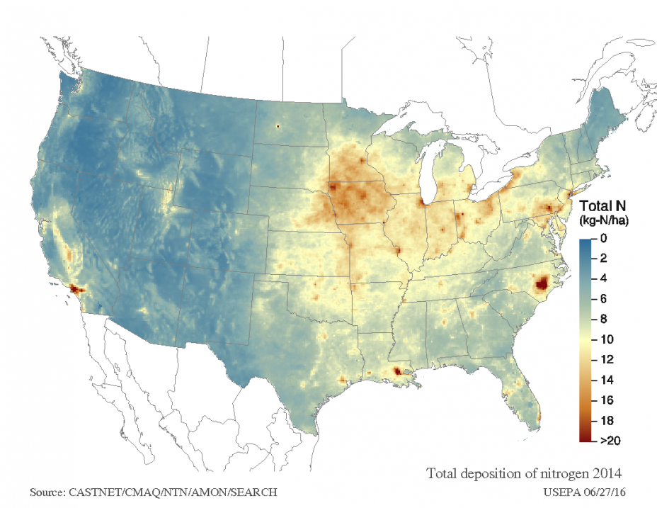Map showing total deposition of nitrogen 2014