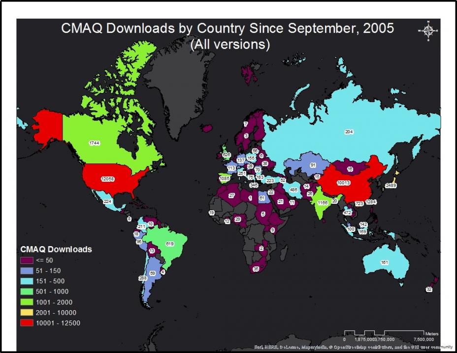 Map showing number of CMAQ downloads by country with the US and China having the most downloads (12058 and 10013 respectively)