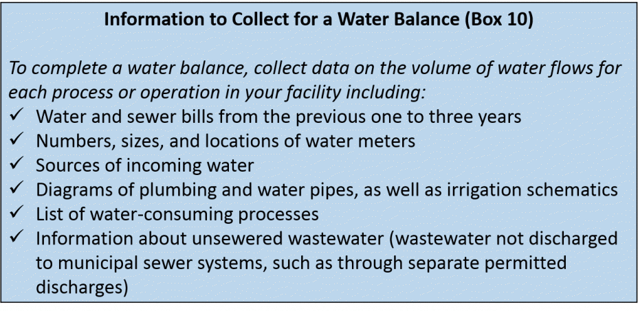 Information to Collect for a Water Balance (Box 10)
