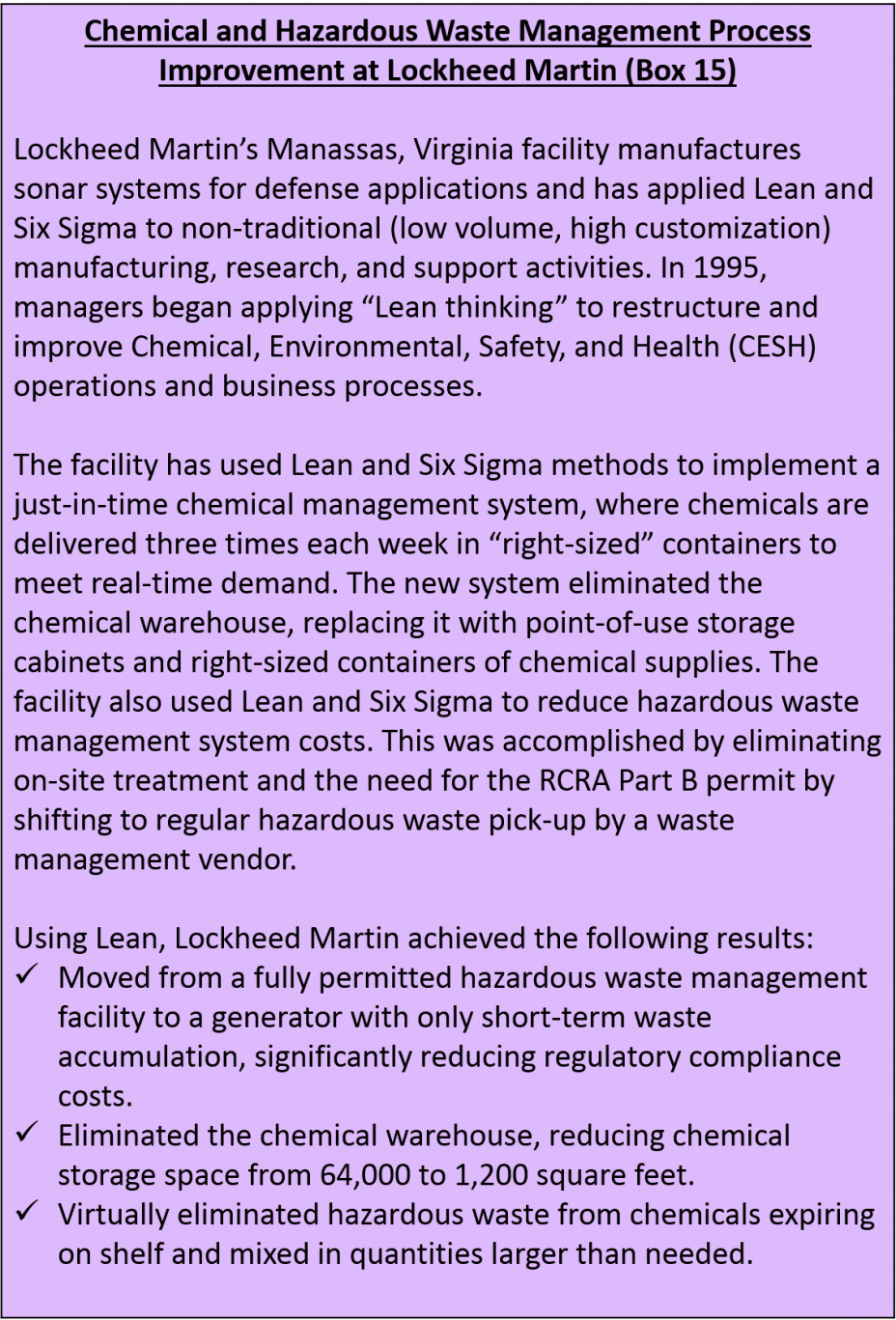 Chemical and Hazardous Waste Management Process Improvement at Lockheed Martin (Box 15)