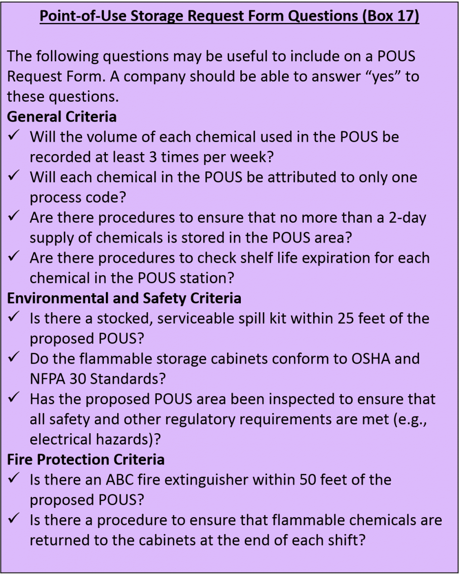 Point-of-Use Storage Request Form Questions (Box 17)