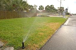 Two sprinklers spraying a grassy yard.