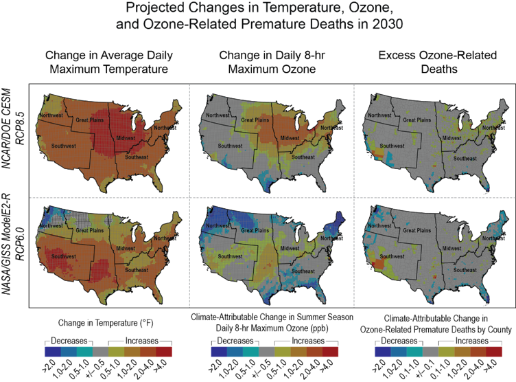 Maps showing projected changes in temperature, ozone, and ozone-related premature deaths in 2030 US