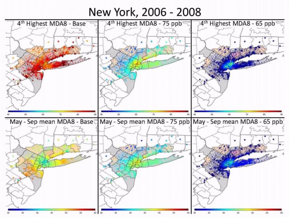 Maps showing the fourth highest and May - September average daily maximum 8-hr average 03 concentrations in New York based on 2006-2008 Ambient Measurements, HDDM adjustment to meet the existing standard, and HDDM adjustment to meet alternative standard 