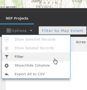 NEPMap Attribute Table Filter Options