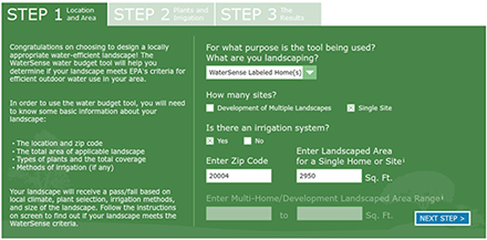view of water budget tool step 1 