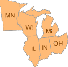 A map of Minnesota, Wisconsin, Illinois, Indiana, Michigan and Ohio