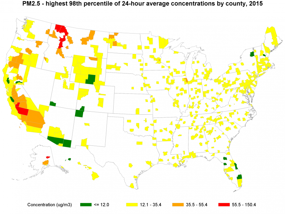 Map of U.S. counties with high 24-hour average particle pollution concentrations in 2015.