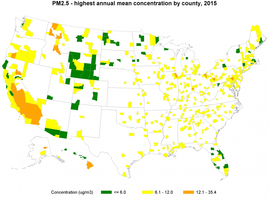 This map depicts fine particle pollution concentrations by U.S. county for 2015 based on long-term (annual) average concentrations.