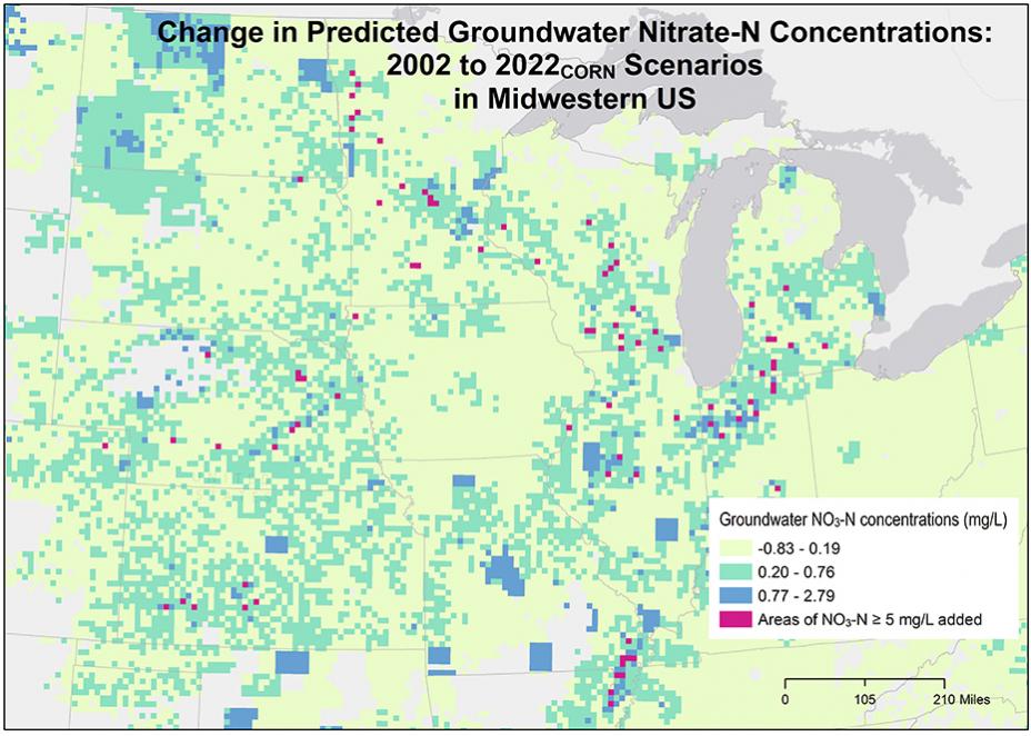 The map shows the model predicted change in nitrate concentration in groundwater from 2002 to 2022. Some locations saw an increase in nitrate levels in groundwater above the drinking water threshold of 5 mg/L.