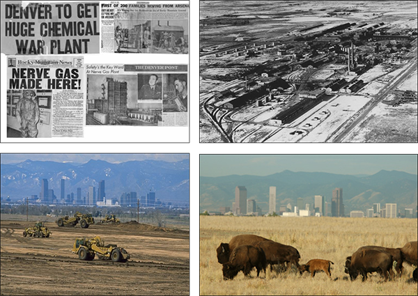 Four photos showing land before and after industrialization