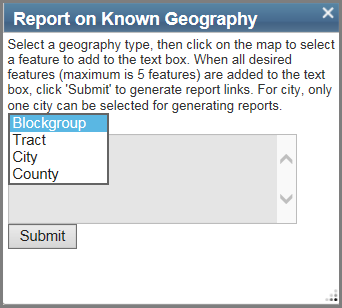 Screenshot of Blockgroup selected in the Report on Known Geography Window