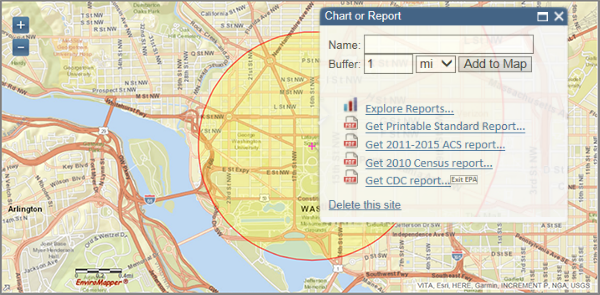 Screenshot of Chart or Report optison with buffer drawn on map