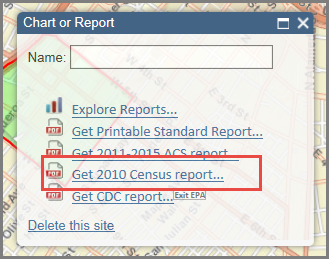 Screenshot of Chart or Report 'Get 2010 Census Report' option location