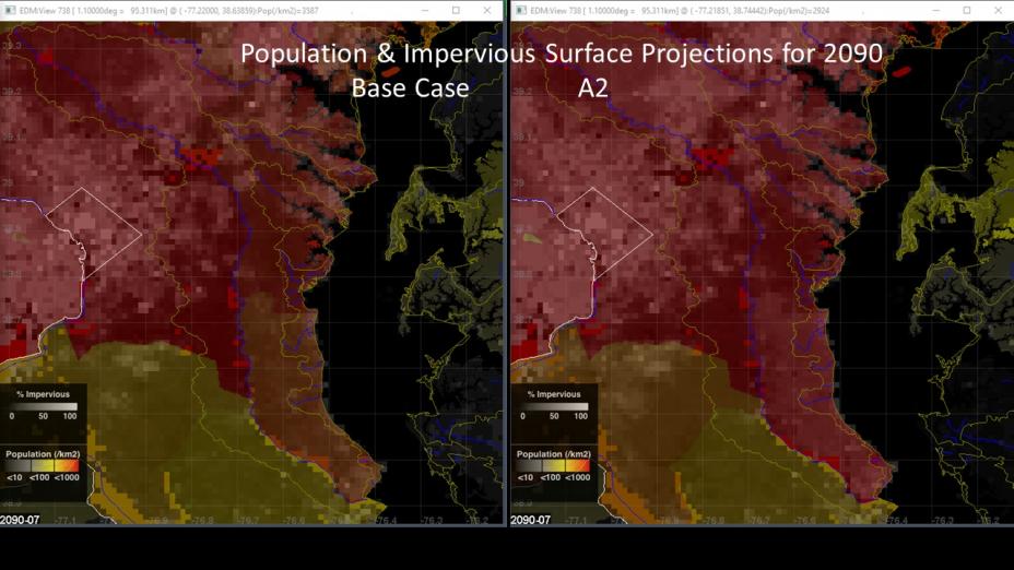 Side by side comparison of ICLUS population and impervious surface projections for BC and A2 scenarios for 2090