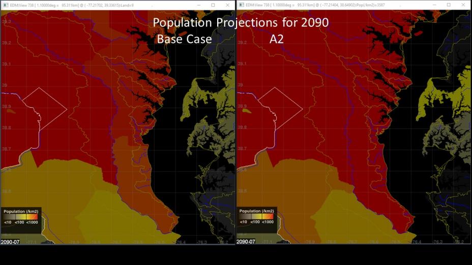 Side by side comparison of ICLUS population projects for BC and A2 scenarios for the year 2090