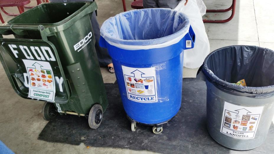 This is a picture of three cans labeled for food waste, recycling and trash