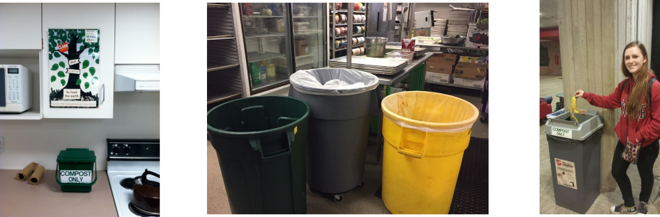 This is a collage of three pictures from Clark University. One picture is of a student throwing a banana into a compost bin. Another photo is of a compost bin sitting on a kitchen counter. The third photo is of three trash bins. 