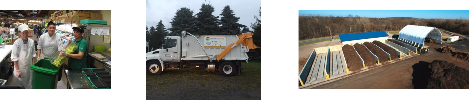 This is a collage of pictures from Wegmans. One photo is of employees composting, one is of a Natural Upcycle truck and the third is of a composting facility.