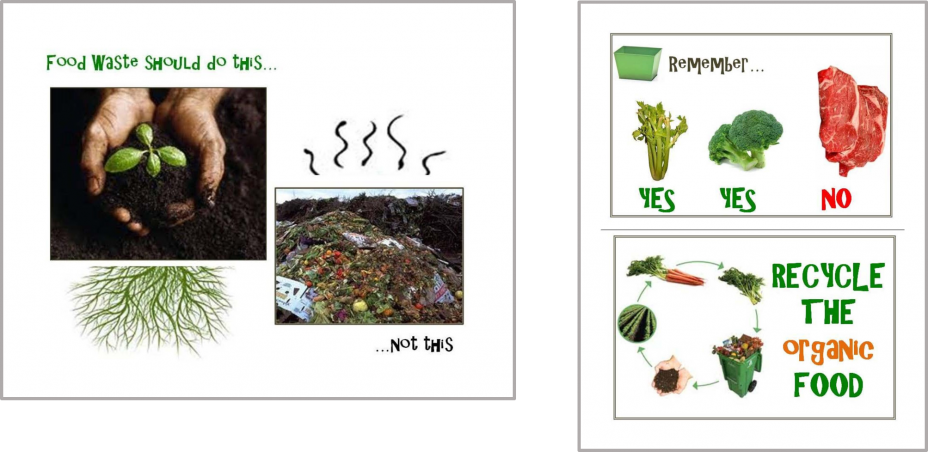 This is a collage of a picture showing what food waste should and should not be and a poster of what food waste can be composted and what cannot.