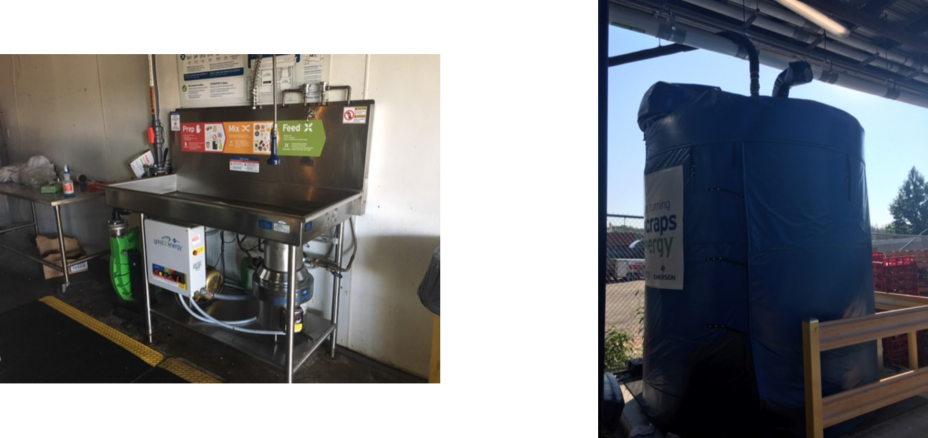 This is two pictures side by side showing the grind 2 energy system beneath a sink in a Gillette Stadium kitchen and the other picture is of a food scraps tank at the stadium.