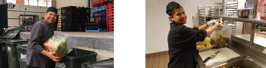 This is a collage of two images from Salem State University. One is of a kitchen worker putting food waste into a composting barrel and the other is of a woman putting food waste into a Trim Trax bin.