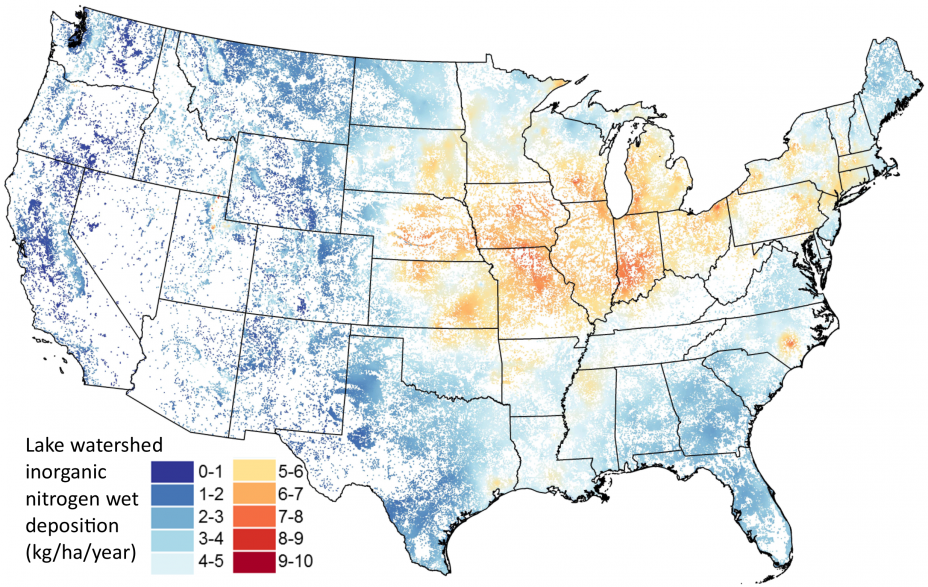 Example of a U.S. map created with LakeCat data of mean watershed inorganic nitrogen wet deposition (kg/ha/year)