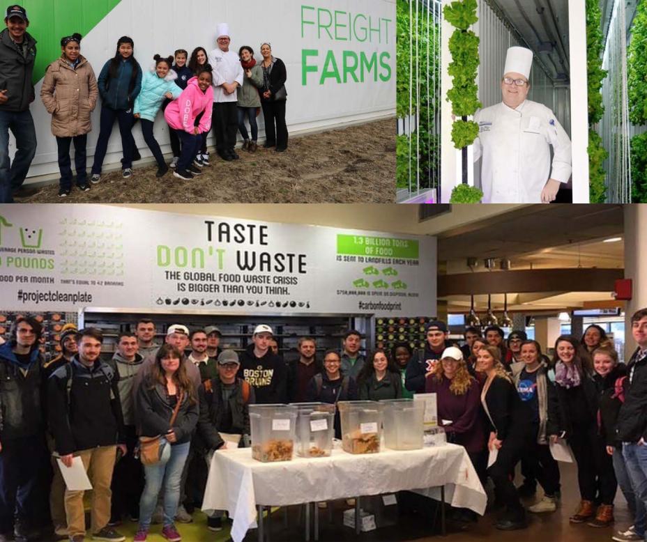 This is a collage from UMass Dartmouth of a chef, a group of kids in front of a Freight Farms sign,and a group of students in front of a "Taste Don't Waste" sign.