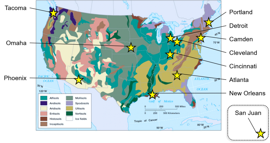 Map of soil survey locations and soil types in the United States.