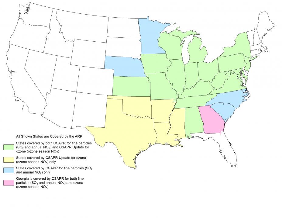 Map showing states affected by the CSAPR, CSAPR Update and Acid Rain Programs