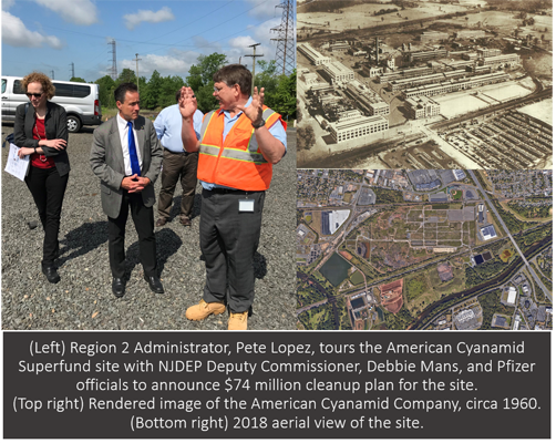 (Left) Region 2 Administrator, Pete Lopez, tours the American Cyanamid Superfund site with NJDEP Deputy Commissioner, Debbie Mans, and Pfizer officials to announce $74 million cleanup plan for the site. (Top right) Rendered image of the American Cyanamid