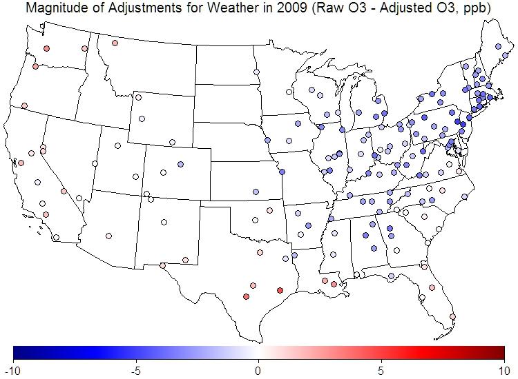 This map illustrates the spatial pattern in meteorological adjustments to the observed ozone trend across the nation in 2009.