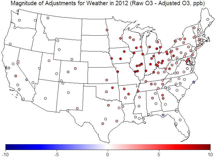 This map illustrates the spatial pattern in meteorological adjustments to the observed ozone trend across the nation in 2012.