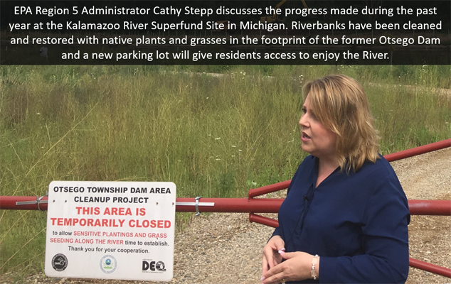 EPA Region 5 Administrator Cathy Stepp discusses the progress made during the past year at the Kalamazoo River Superfund Site in Michigan