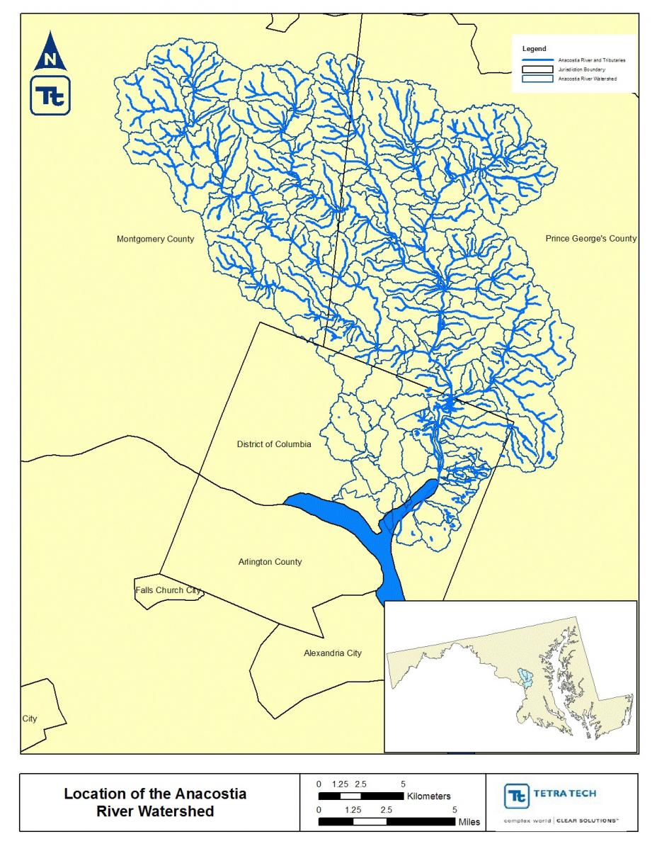 The Anacostia River Watershed is located within the District of Columbia and portions of Montgomery and Prince George's Counties in Maryland.