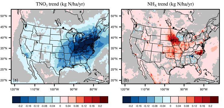 Spatial trends in oxidized and reduced nitrogen deposition from 1990 to 2010.