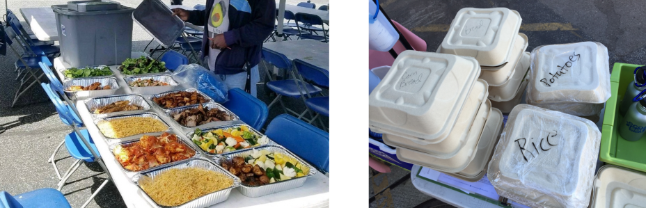 This is two pictures - one of which is a buffet of food under a tent and the other is of to go food containers.