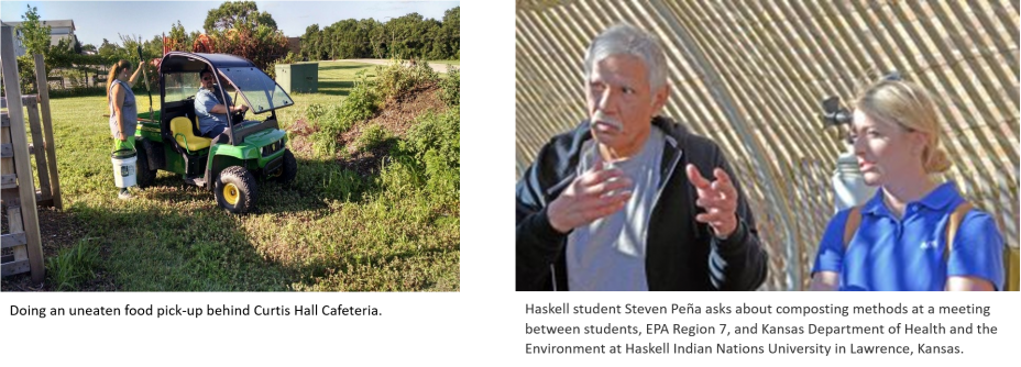 This is a group of two pictures - one of a golf cart that picks up food waste and the other is of two students asking about composting methods.