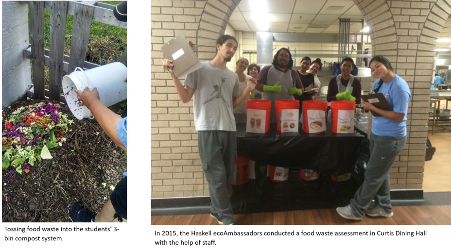 This is two pictures - one is of food waste being put into a compost bin and the other is of a group of students who conducted a food waste assessment in Curtis Dining Hall with the help of staff.
