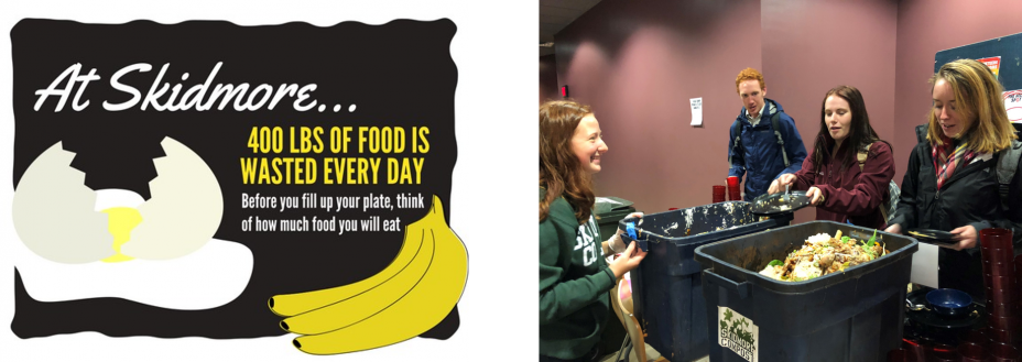 This is a group of two pictures - one of which is a sign that Skidmore College puts in their dining hall and the other of students collecting food for composting.