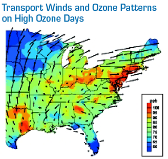 Map illustrates wind patterns of the states covered under CSAPR. These wind patterns are layered on top of ozone concentrations in ppb, showing the connection. 
