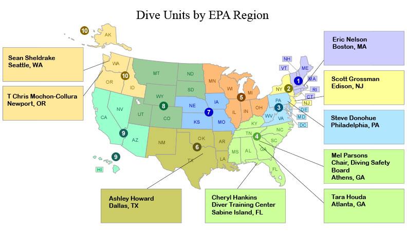 U.S. map showing the locations of EPA's scientific diving units (Boston, MA; Edison, NJ; Philadelphia, PA; Atlanta, GA; Sabine Island, FL; Dallas TX; Newport, OR; and Seattle, WA).