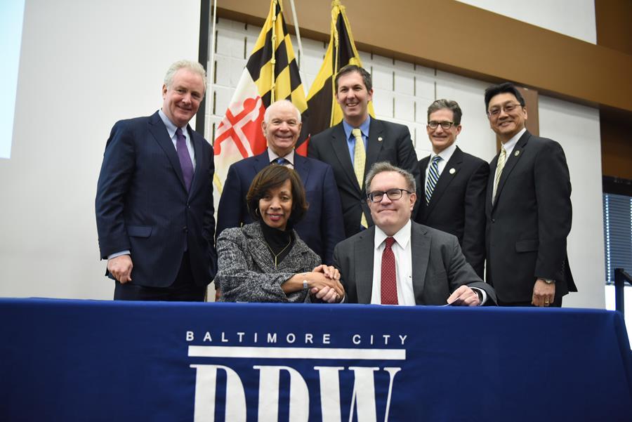 Back row left to right: Senator Chris Van Hollen (MD), Senator Ben Cardin (MD), Baltimore County Executive John A. Olszewski Jr., Maryland Department of the Environment Secretary Ben Grumbles First row: Mayor of Baltimore Catherine Pugh, EPA Acting Admini