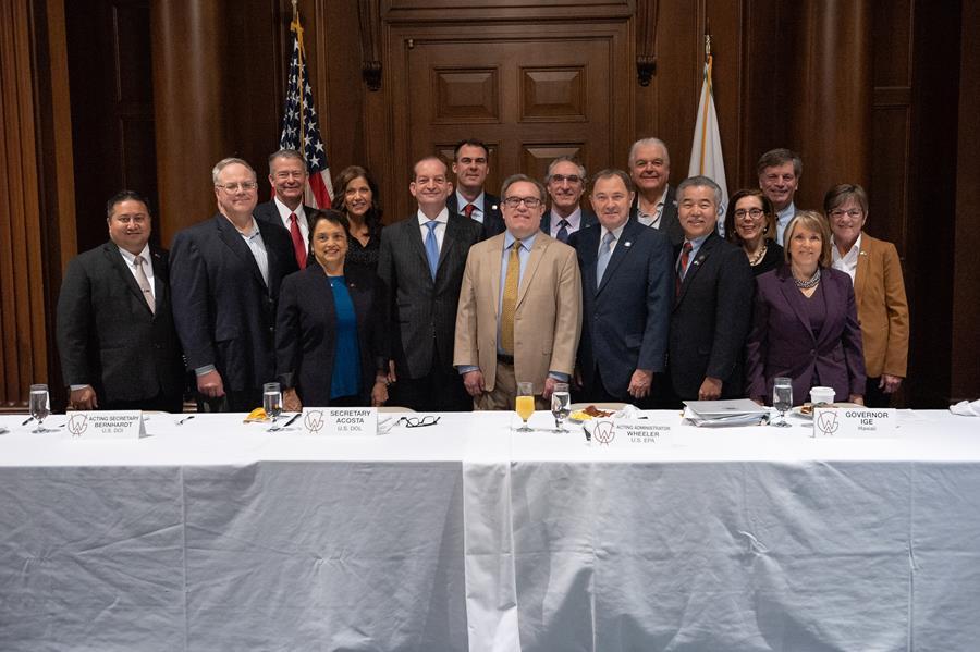 Participants in the breakfast (Left to Right): Governor Ralph Torres (C.N.M.I.), Acting Interior Secretary David Bernhardt, Governor Brad Little (Idaho), Governor Lou Leon Guerrero (Guam), Governor Kristi Noem (S.D.), Labor Secretary Alexander Acosta, Gov